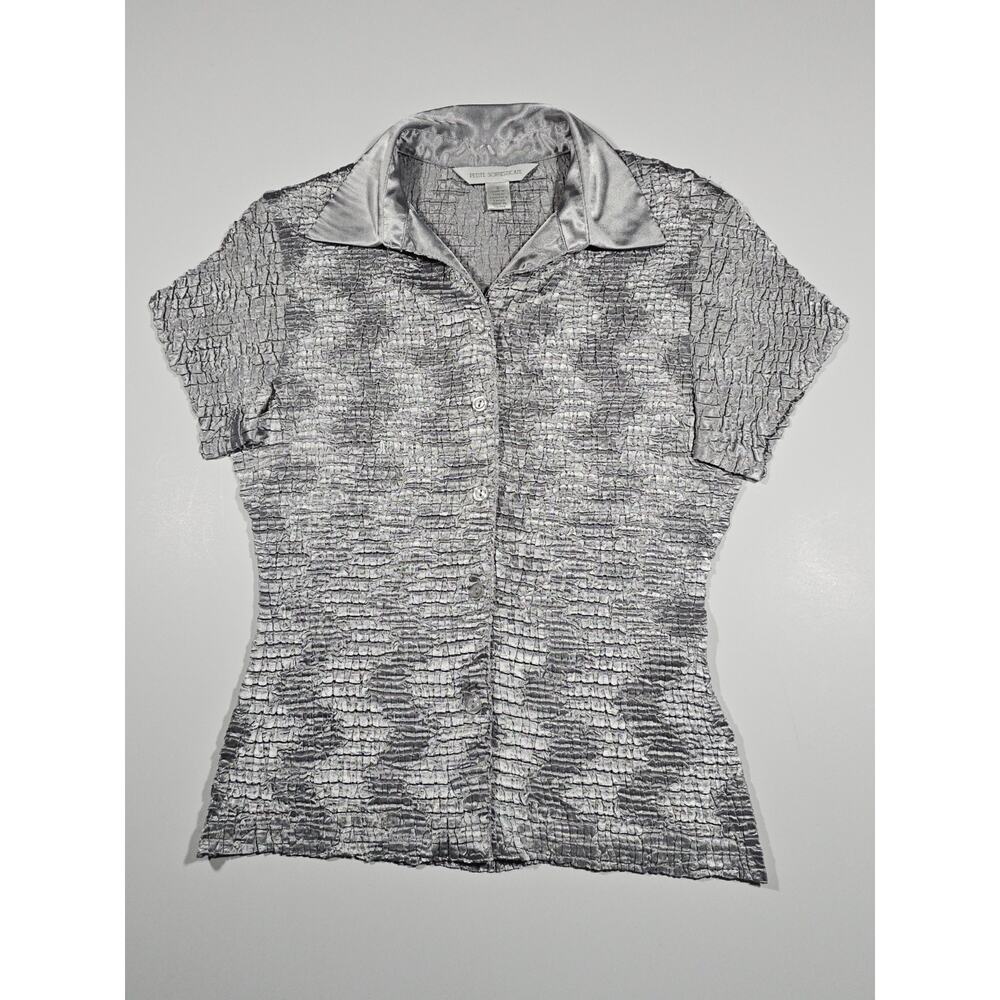 Vintage Petite Sophisticate Women's Crushed Silver Stretchy Short Sleeve Top